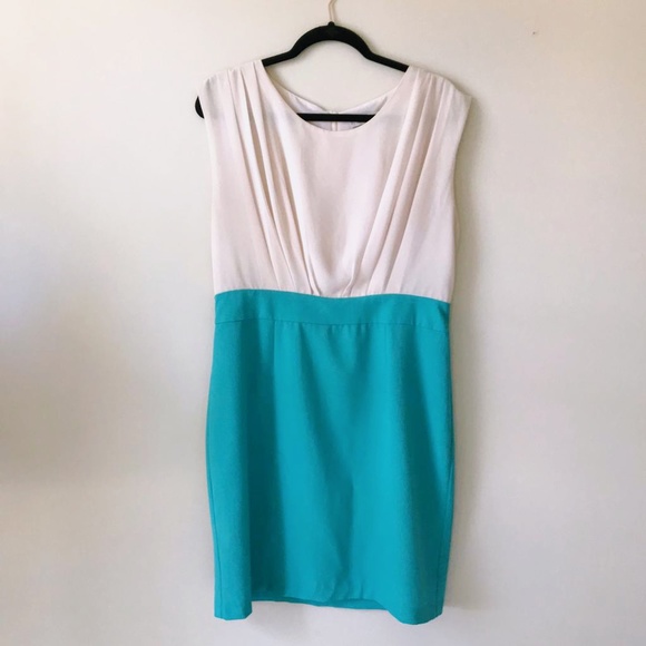 Joy Joy | Cream + Aqua Color Block Sheath Dress - Picture 4 of 8